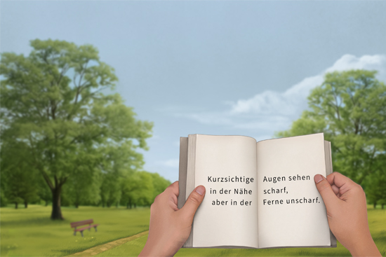 Grafik: Ein geöffnetes Buch mit klar erkennbaren Buchstaben im Vordergrund, im Hintergrund verschwommene Bäume in einem Park