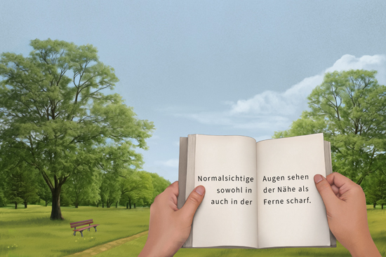 Grafik: Ein geöffnetes Buch mit klar erkennbaren Buchstaben im Vordergrund, im Hintergrund klar erkennbare Bäume in einem Park